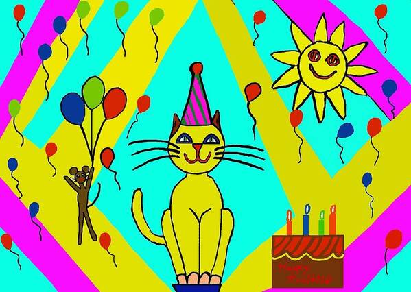 Cats Art Print featuring the digital art Birthday cat 3 by Laura Smith