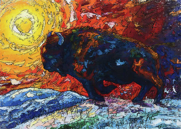 Bison Art Print featuring the painting Wild the Storm A Palette Knife Painting of a Bison in Nature by OLena Art by Lena Owens - Vibrant DESIGN