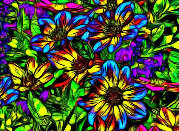Floral Art Print featuring the digital art Blue and Yellow Wildflowers by Jean-Marc Lacombe