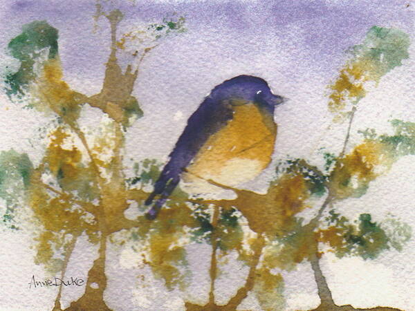 Watercolor Art Print featuring the painting Blue Bird in Waiting by Anne Duke