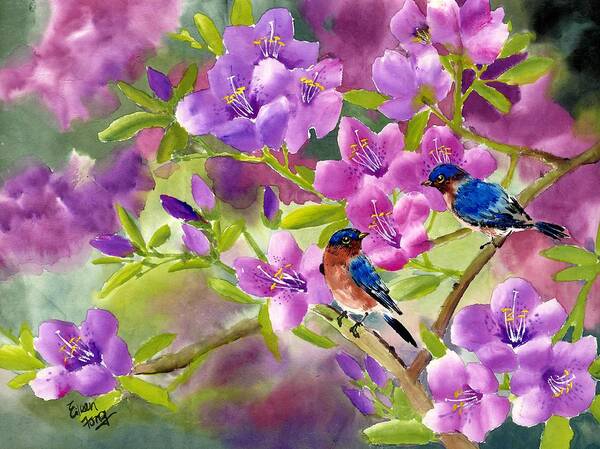 Blue Birds Art Print featuring the painting Blue Birds with Azalea by Eileen Fong