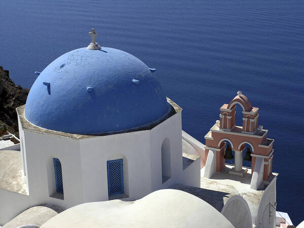 Greek Orthodox Church Art Print featuring the photograph Blue Dome Pink Bell Tower by Sally Weigand