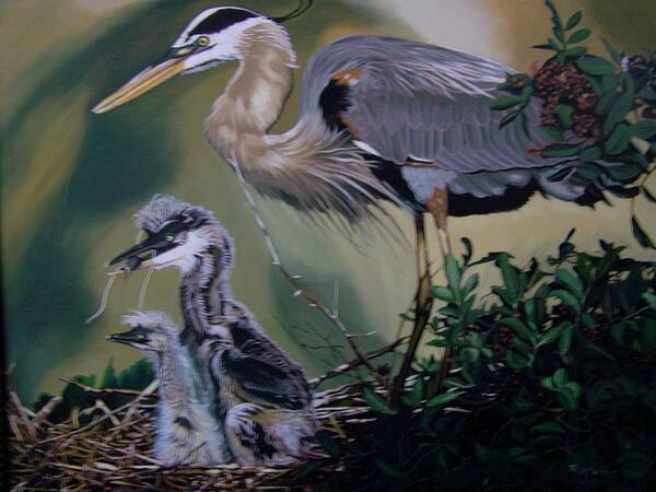 Wildlife Art Print featuring the painting Blue Heron with spring chicks by Robert E Gebler