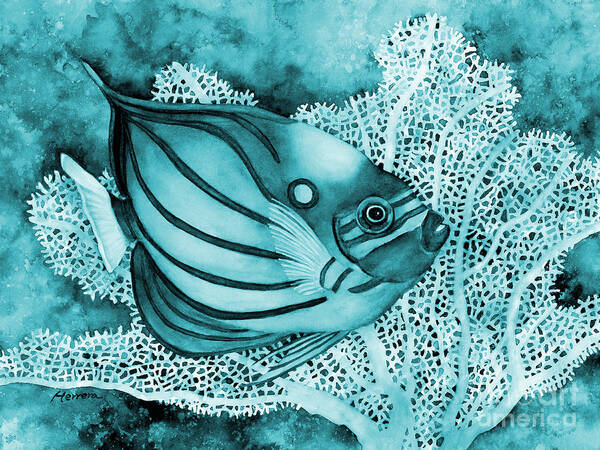 Fish Art Print featuring the painting Blue Ring Angelfish in Blue by Hailey E Herrera