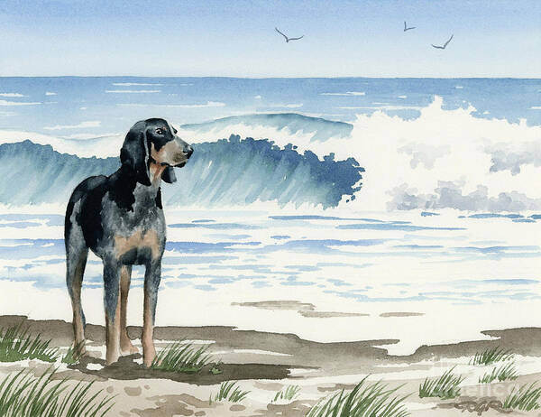 Bluetick Coonhound Art Print featuring the painting Bluetick Coonhound at the Beach by David Rogers
