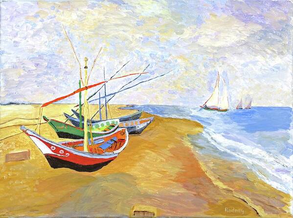 van Gogh Art Print featuring the painting Boats On The Beach At Saintes-Maries after Van Gogh by Rodney Campbell