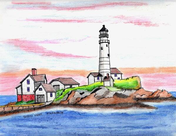 Paul Meinerth Art Print featuring the drawing Boston Light by Paul Meinerth