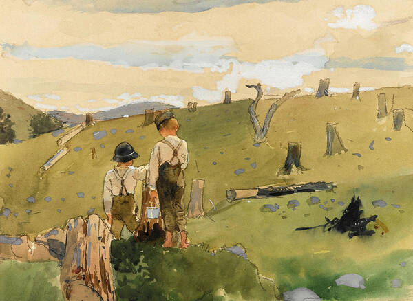 Winslow Homer Art Print featuring the drawing Boys on a Hillside by Winslow Homer