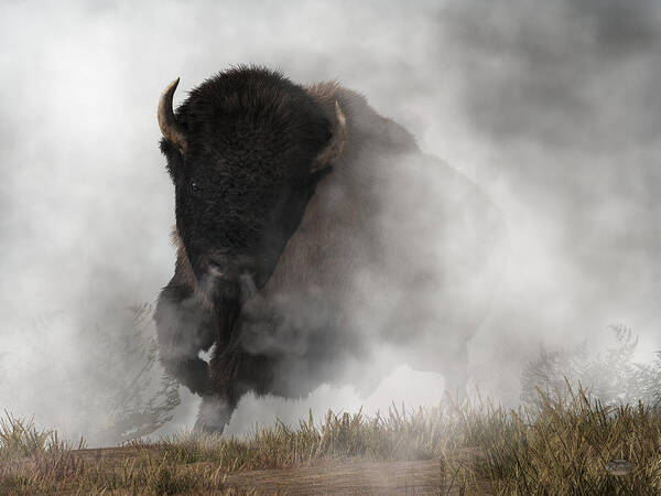 Buffalo Emerging From The Fog Art Print featuring the digital art Buffalo Emerging From The Fog by Daniel Eskridge