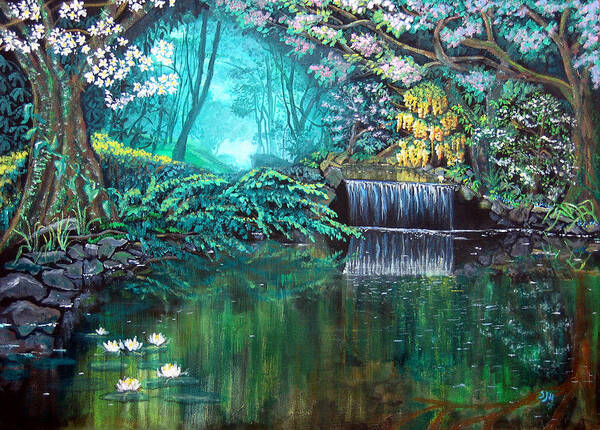 Idyllic Forest Landscape Art Print featuring the painting By Still Waters by Sarah Hornsby