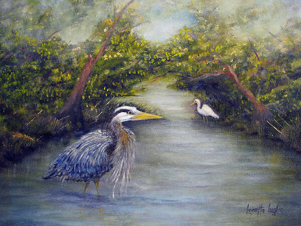 Heron Art Print featuring the painting Calm Waters by Loretta Luglio