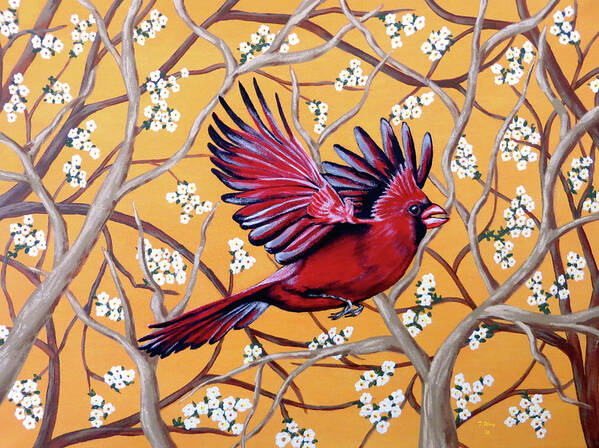 Cardinal Art Print featuring the painting Cardinal in Flight by Teresa Wing