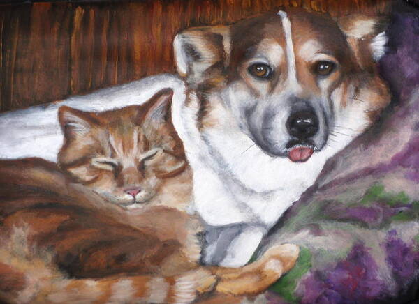 Dog And Cat Art Print featuring the painting Cassie and Tigger by Carol Russell