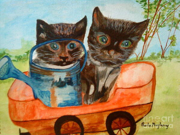 Cats Art Print featuring the painting Cat Mischief by Paula Maybery