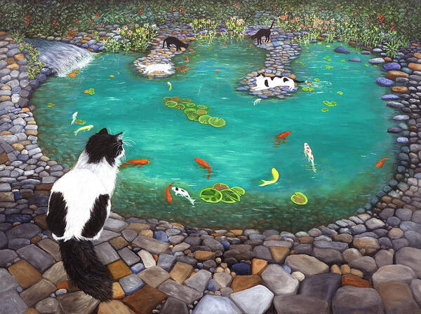 Karen Zuk Rosenblatt Art Print featuring the painting Cats and Koi by Karen Zuk Rosenblatt