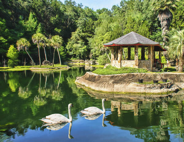 Gardens Art Print featuring the photograph Cedar Lake and Swans by Betty Eich