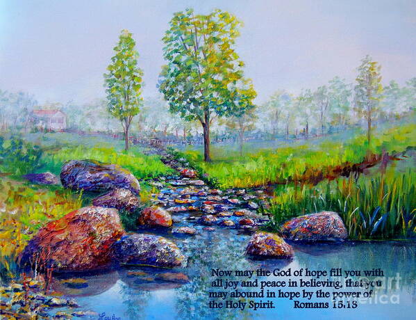Childhood Creek Art Print featuring the painting Childhood Creek with Scripture by Lou Ann Bagnall