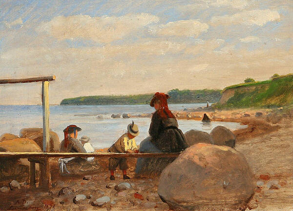 Anton Dorph Art Print featuring the painting Children and their mothers on Lundeborg Beach. Denmark by Anton Dorph