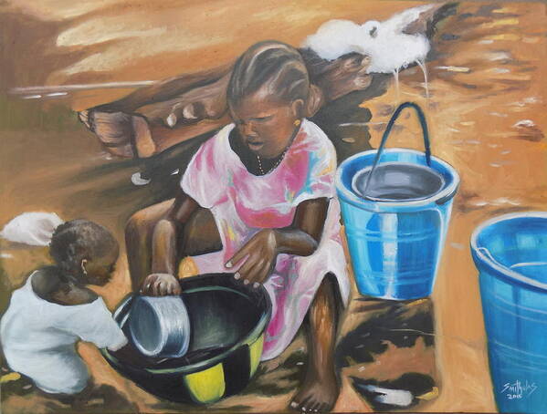 Kids Art Print featuring the painting Children water Play by Olaoluwa Smith