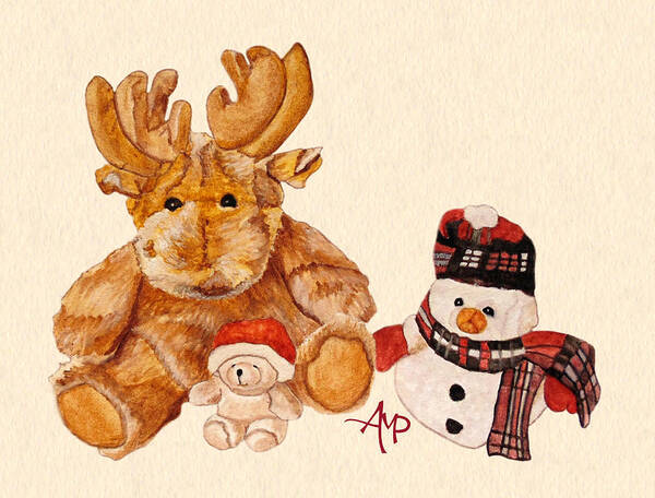Cuddly Animals Art Print featuring the painting Christmas Buddies by Angeles M Pomata
