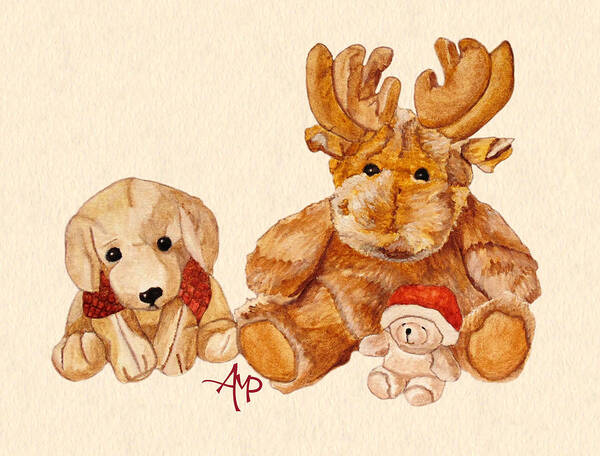 Cuddly Animals Art Print featuring the painting Christmas Buddies II by Angeles M Pomata