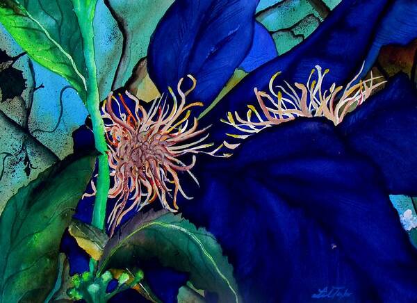 Lil Taylor Art Print featuring the painting Clematis Regal in Purple and Blue SOLD by Lil Taylor