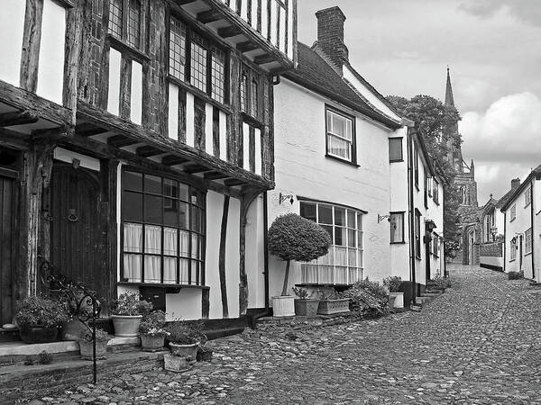 Thaxted Art Print featuring the photograph Cobblestone Street Thaxted in Black and White by Gill Billington