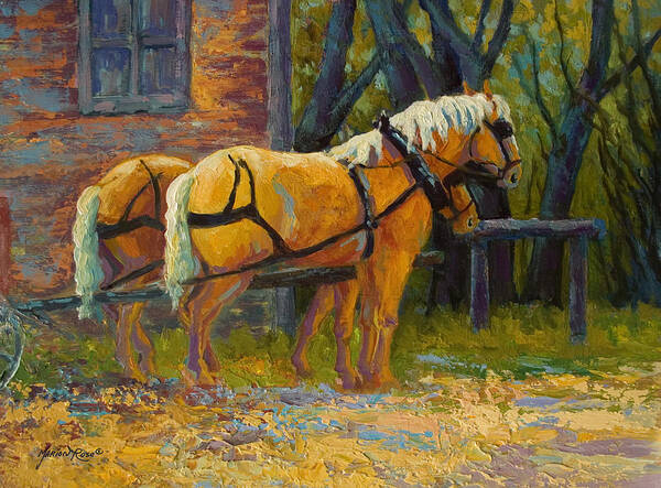 Horses Art Print featuring the painting Coffee Break - Draft Horse Team by Marion Rose