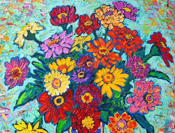 Flowers Art Print featuring the painting Colorful Zinnias Bouquet Closeup by Ana Maria Edulescu