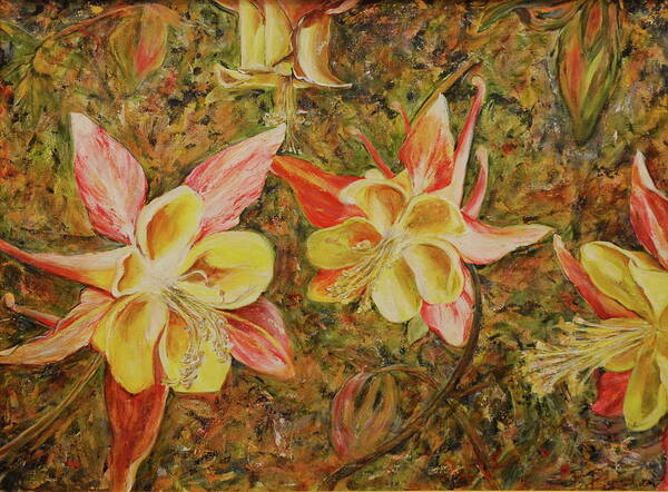 Columbine Art Print featuring the painting Columbine Cacophony by Bonnie Peacher