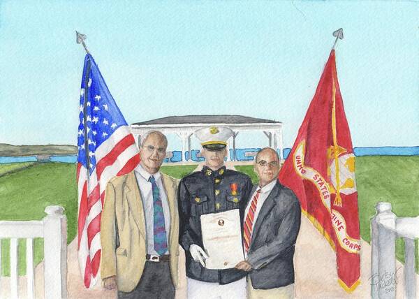 Commissioning Watercolor Portrait Marine Father Grandfather Usmc American Flag Marines Gazebo Portraits Art Print featuring the painting Commissioning by Betsy Hackett