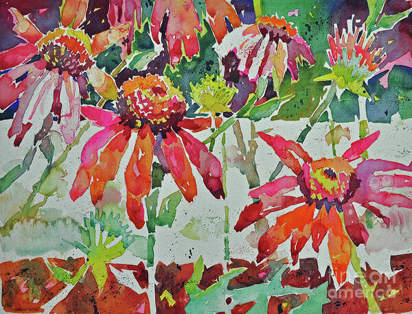 Florals Art Print featuring the painting Cone Flowers and Three Bands by Roger Parent