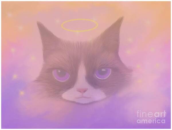 Cosmic Art Print featuring the painting Angelic Cosmic Cat - Spirit Animal by Barefoot Bodeez Art