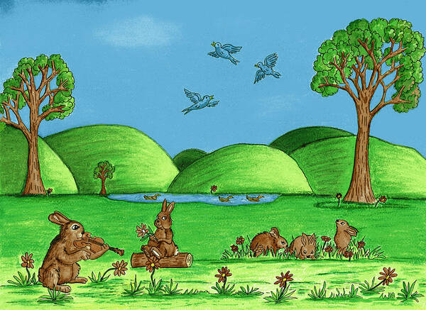 Landscape Art Print featuring the drawing Country Bunnies by Christina Wedberg