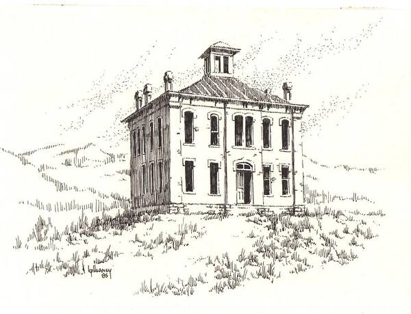 Ghost Town Art Print featuring the drawing Courthouse Belmont Ghost Town Nevada by Kevin Heaney