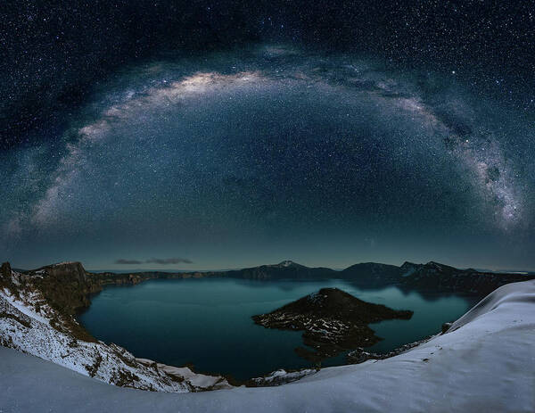 Crater Art Print featuring the digital art Crater lake with milkyway by William Lee