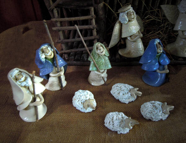 Nativity Art Print featuring the ceramic art Creche Shepards and Sheep by Nancy Griswold