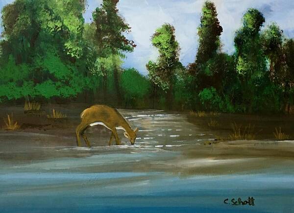 Woods Art Print featuring the painting Creekside Drink by Christina Schott