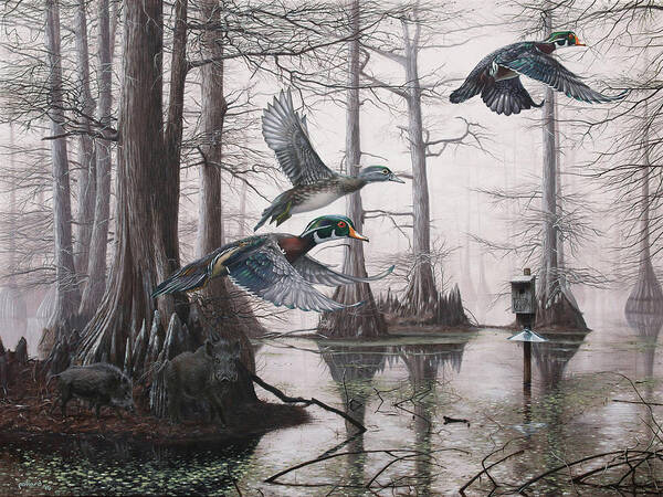 Duck Hunting Art Print featuring the painting Cypress Bayou Neighbors by Glenn Pollard