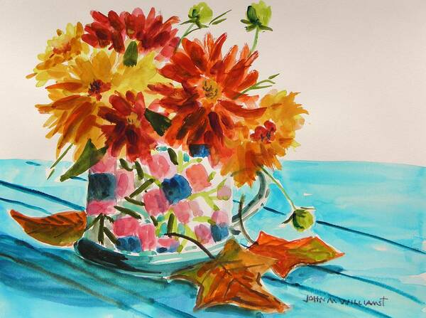 Dahlias Art Print featuring the painting Dahlias in a Painted Cup by John Williams