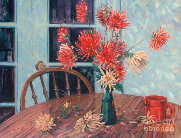 Still Life Art Print featuring the painting Dahlias with Red Cup by Donald Maier