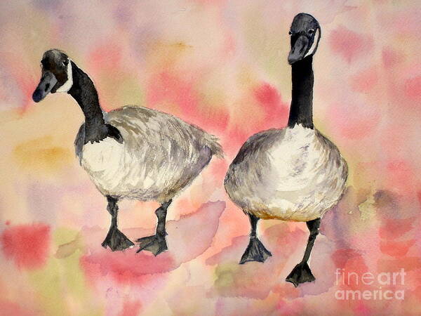 Geese Art Print featuring the painting Dancing Geese by Vicki Housel