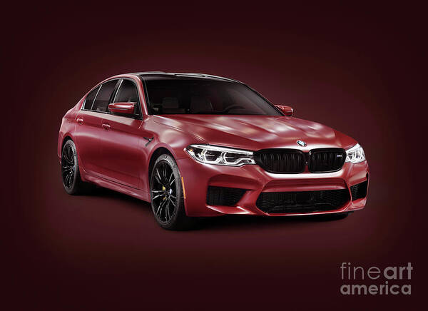 Bmw Art Print featuring the photograph Dark red 2018 BMW M5 performance car sport sedan on burgundy bac by Maxim Images Exquisite Prints