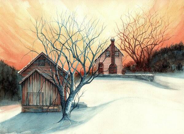 Farmhouse Art Print featuring the painting Dawn has Spoken - Farmhouse Sunrise by Janine Riley