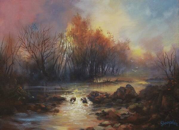 Stream Art Print featuring the painting Daybreak Willow Creek by Tom Shropshire