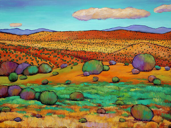 New Mexico Desert Landscape Southwestern Desert Cactus Sagebrush Cactus Vibrant Colors Blue Skies Clear Sky Western Santa Fe New Mexico Albuquerque Rocky Mountains Desert Taos Sage Contemporary Sangre De Cristo Modern Mountains Vibrant Bright Cheerful Juniper New Mexico Expressive Color Southwest Landscape Art Rocky Mountainsorange Yellowexpressiveartcontemporary Artmodernghost Ranchhigh Desert Art Colorful Art Puffy Clouds Rolling Hills Distant Desert Art Print featuring the painting Desert Day by Johnathan Harris