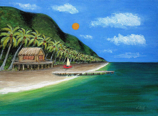Contemporary Tropical Seascape Coastal Palm Trees Sailboat Sailing Ocean Beach Tahiti G Art Print featuring the painting Distant Shores by Gordon Beck
