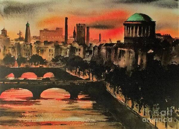  Art Print featuring the painting Dublin Sunset by Val Byrne