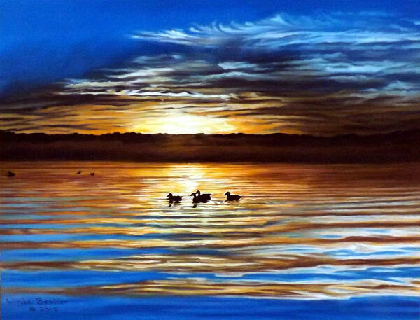 Landscape Art Print featuring the painting Ducks on Clear Lake by Linda Becker