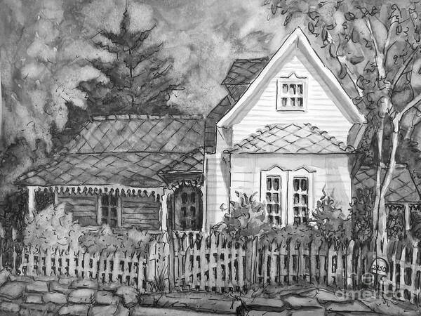 Elma's Art Print featuring the painting Elma's House in BW by Gretchen Allen